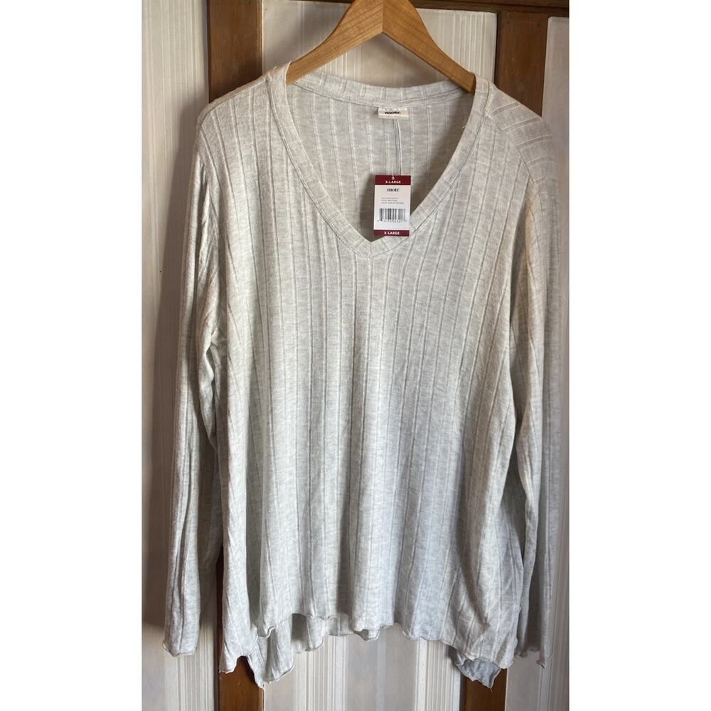 NWT Mote Ivory Gray Stretch Ribbed Top Long Sleeve Tunic Thin Knit Women’s XL